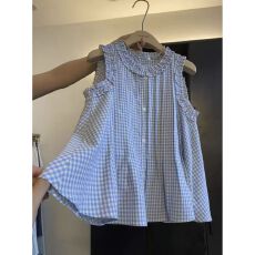 批发韩系气质木耳花边格子吊带背心女夏季小众设计感<b class='q'>无袖</b>衬衫短款上衣
