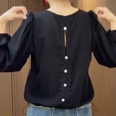 批发设计感时尚休闲黑色长袖女2025年秋季新款圆领舒适百搭<b class='q'>大码</b>上衣