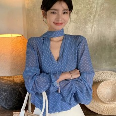 批发MUKOK “南法夏日”设计感松紧下摆浪漫<b class='q'>波点</b>轻薄印花<b class='q'>衬衫</b>