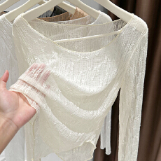 批发辣妹蕾丝白色打底衫女薄款个性<b class='q'>不规则</b>提花超低领修身防晒罩衫海边