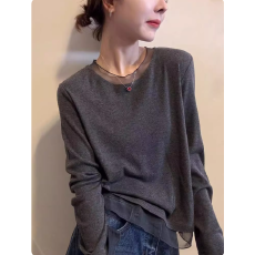 批发木耳边领长袖<b class='q'>衣服</b>打底衫上衣女2025秋冬新款设计感拼接磨毛内搭衫