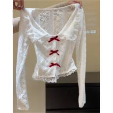 批发纯欲甜美娃娃领蝴蝶结<b class='q'>蕾丝</b>花边长袖t恤修身显瘦好看洋气的打底衫