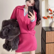 批发高级感气质翻领拼接假两件针织毛衣秋冬新款宽松大码显瘦两件套女