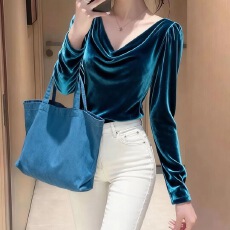 批发法式高级感荡领蓝色丝绒上衣女长袖气质轻熟优雅风小衫打底衫秋季