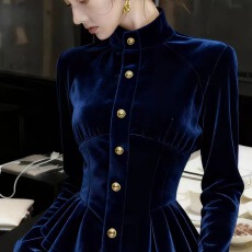 批发秋冬高级感穿搭蓝色丝绒荷叶边<b class='q'>衬衫</b>女轻奢风减龄掐腰<b class='q'>修身</b>显瘦上衣
