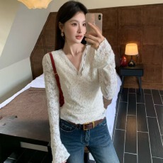 批发<b class='q'>网纱</b>拼接v领蕾丝打底衫女秋冬气质纯欲修身显瘦独特别致小衫<b class='q'>上衣</b>