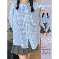 批发韩系蓝色娃娃领<b class='q'>格子</b><b class='q'>衬衫女</b>装春季蝴蝶结系带打底衬衣款式款上衣