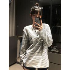 批发美式白色条纹亨利领长正肩袖<b class='q'>t</b><b class='q'>恤</b>秋季新款百搭上衣