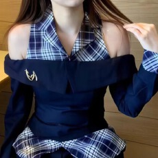 批发韩系假两件<b class='q'>衬衫</b>女早秋季格子拼接挂脖露肩<b class='q'>衬衣</b>修身显瘦高级感上衣