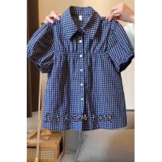 批发复古格纹polo领娃娃衫泡泡袖夏宽松小衫显瘦百搭上衣