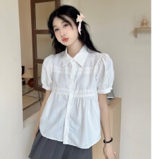 批发2026春秋法式甜美泡泡袖衬衫夏季新款白色<b class='q'>短袖</b>polo领女装学院