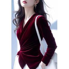 批发轻奢风酒红色v领丝绒衬衫女款秋冬新款高级感收腰显瘦<b class='q'>不规则</b>上衣