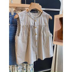批发韩系chic宽松竖条纹娃娃衬衫女新款夏季亚麻<b class='q'>无袖</b>马甲别致背心衬衣