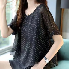 批发宽松短袖雪纺衫2026夏季新款女<b class='q'>装</b>黑色字母印花薄款小衫遮肚子上衣