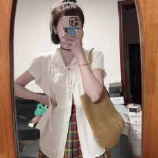 批发日系松弛感系带甜美衬衫女夏季新款法式初恋风v领短袖宽松上衣女