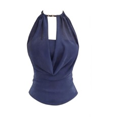 批发设计感挂脖荡领收腰辣妹上衣女夏季新款辣妹风深蓝色<b class='q'>显瘦</b>无袖内搭