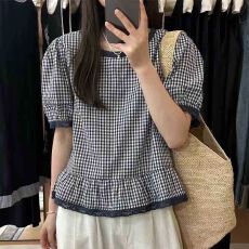 批发法式泡泡短袖花边格子衬衫女夏季法式独特小众气质减龄娃娃衫上衣