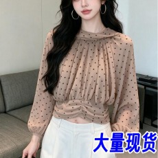 批发法式设计感<b class='q'>波点</b>系带长袖<b class='q'>衬衫</b>女早秋轻薄卡其色掐腰别致巨好看小衫