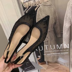 批发 新款浅口单鞋女平底仙女风网纱软底温柔尖头水钻平底鞋