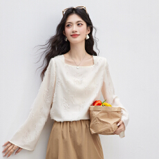 批发羽毛流苏一字领雪纺衬衫女2026年春季新款高级感喇叭袖<b class='q'>宽松</b>上衣