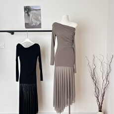 批发Skk Store jennie同款Lem*风弹力微透不规则修身长袖<b class='q'>连衣裙</b>女秋夏