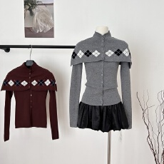 批发LaluneDuCiel 格纹设计<b class='q'>长袖</b>开衫披肩针织衫女套装毛衣<b class='q'>外套</b>秋上衣