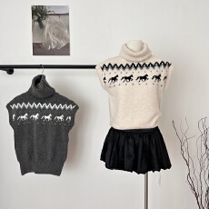 批发1JINNSTUDIO 费尔岛小马套头针织衫女高领提花短袖毛衣叠穿上衣