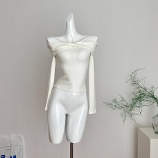 批发Pinksoya 甜美一字肩<b class='q'>网纱</b>蝴蝶结针织衫女后背镂空小心机长袖<b class='q'>上衣</b>