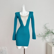 批发WW定制人生限定拼接修身包臀针织长袖连衣裙法式收腰<b class='q'>秋</b>冬长裙