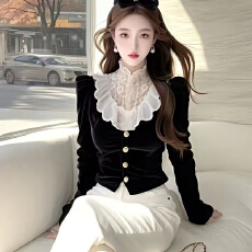 批发<b class='q'>蕾丝</b>拼接长袖<b class='q'>衬衫</b>法式轻奢高级黑色丝绒上衣秋冬