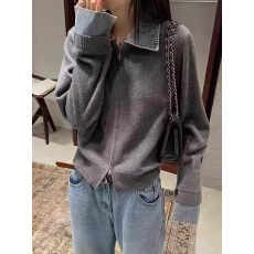 批发韩系复古牛仔拼接双拉链针织开衫女秋冬季宽松慵懒假两件毛<b class='q'>衣外套</b>