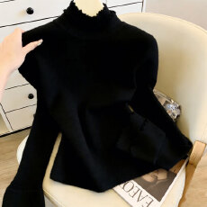 批发木耳边半高领<b class='q'>针织衫</b>毛衣女秋冬新款休闲修身<b class='q'>打底衫</b>