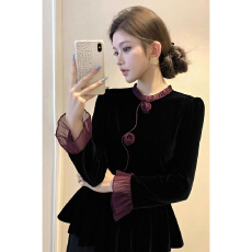 批发初<b class='q'>冬</b>巨好看轻熟气质名媛重要场合独特漂亮立体花朵黑色丝绒衬衫女