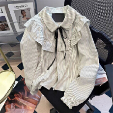 批发日系学院风条纹<b class='q'>衬衫</b>女长袖甜美减龄上衣学生叠穿<b class='q'>娃娃领</b><b class='q'>衬衫</b>荷叶领