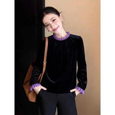 批发黑色撞色木耳边丝绒上衣女2026年春季新款法式温柔风长袖气质小衫
