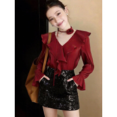 批发甜辣妹荷叶边v领立体花朵衬衫女设计感小众早春绝美喇叭长袖上衣