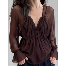 批发2026年春季新款轻熟气质风咖色V领<b class='q'>喇叭袖</b>雪纺女木耳边衬衫女时尚