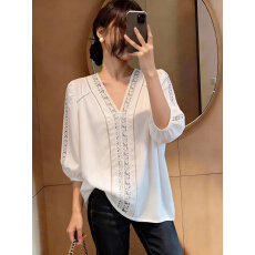 批发2006夏季新款韩版百搭宽松中袖镂空拼接衬衫女上衣夏季新品