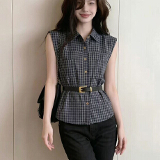 批发夏季新款韩版送腰带百搭显瘦单排扣气质无袖衬<b class='q'>衫</b>上衣
