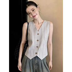 批发韩系极简风V领条纹<b class='q'>西装</b>马甲<b class='q'>女</b>夏季新款无袖外搭叠穿百搭背心上衣