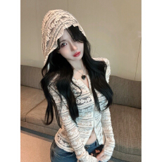 批发春秋设计感蕾丝钩花<b class='q'>喇叭袖</b>连帽上衣女甜辣妹收腰显瘦防晒长袖t恤