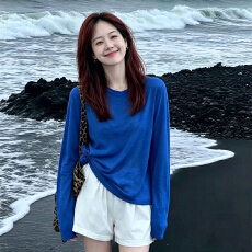 批发蓝色圆领针织长袖t恤女夏季薄款海边度假防晒罩衫空调衫上衣