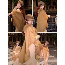 新款毛领斗篷披肩女秋冬高级感时尚显瘦宽松开衫毛呢系带皮草外套