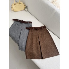 批发复古学院风毛呢<b class='q'>百褶</b>半身裙女高腰A字中裙格纹咖色显瘦防走光裙子