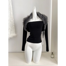 批发0122黑色短款针织衫女辣妹修身显瘦毛毛长袖坎肩开衫上衣