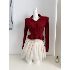 批发迟伞伞25/fw雪松温庭 vintage翻领木耳边羊毛针织两色皱皱白长裙