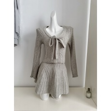 批发25/fw 燕麦松饼 燕麦灰蝴蝶结针织上衣羊毛半裙气质套装女