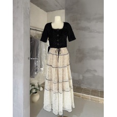 批发板栗可可'黑曜石千金'小香风粗花呢短袖/蕾丝<b class='q'>半身</b>裙套装