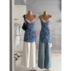 批发Ashy Snow玫瑰契约 中古<b class='q'>蓝色</b>印花蕾丝收腰吊带<b class='q'>连衣裙</b>复古显白