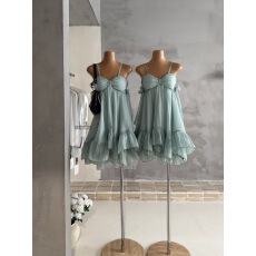 批发kubiliv【恋夏薄荷】法式少女蝴蝶结薄荷绿吊带短裙荷叶边<b class='q'>连衣</b>裙